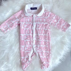 EUC Roberto Cavalli Baby Sleeper 0-3M Snap Button Up Collard Outfit Logo…
